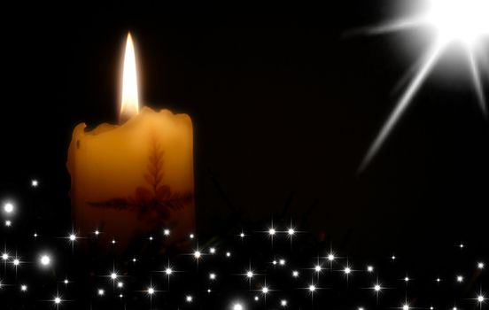 Christmas card, candle and stars on black background