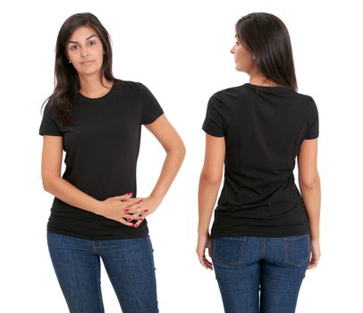 Young beautiful female with blank black shirt, front and back. Ready for your design or artwork.