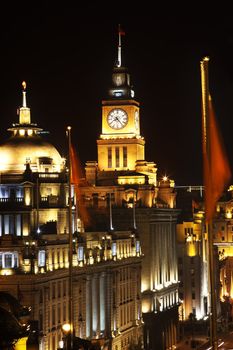 Shanghai China Bund at Night Flags