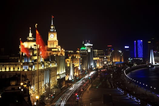 The Bund, Old Part of Shanghai, At Night with Cars