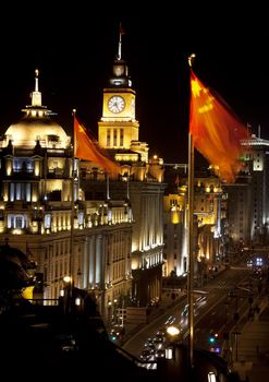 Shanghai China Bund at Night Cars, Flags