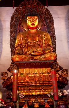 Gold Buddhist Statue Jade Buddha Temple Jufo Si Shanghai China Most famous buddhist temple in Shanghai