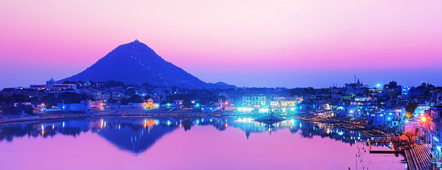 Pushkar lake at night. Pushkar, Rajasthan, India, Asia. Panorama.