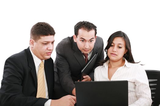 business team looking shocked and worried when looking at the laptop computer on the table