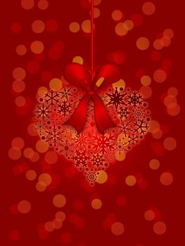 Christmas Snowflakes Heart Shape Ornament on Red Blurred Background Illustration