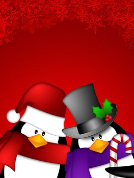 Cute Cartoon Penguin Couple on Red Snowflakes Background Illustration