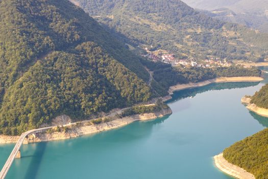 Aerial view on blue beauty Piva river in Montenegro, Balkans.