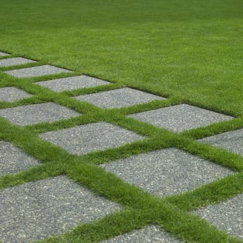 Manicured grass and stone tiles