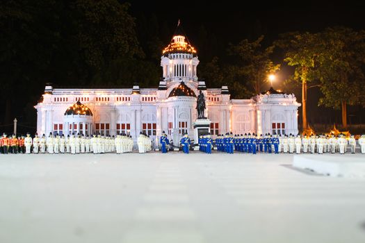 Soldiers stand in row in front of Anantasamakom throne hall, Bangkok Thailand. This photo was taken from mini siam , Pattaya Thaialnd