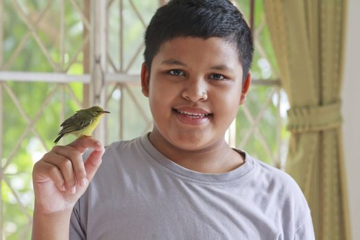 Thai boy and baby bird sitting on his finger