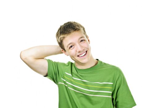 Relaxed smiling young man with hand behind his head isolated on white