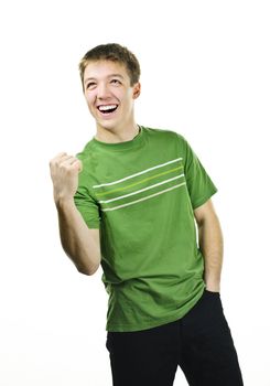 Excited energetic young man gesturing success isolated on white background