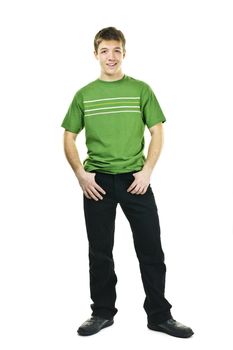 Smiling friendly young man full body standing isolated on white background