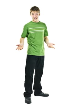 Shrugging young man standing isolated on white background