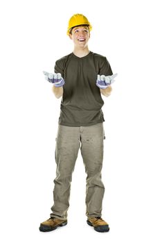 Young construction worker looking up shrugging isolated on white background