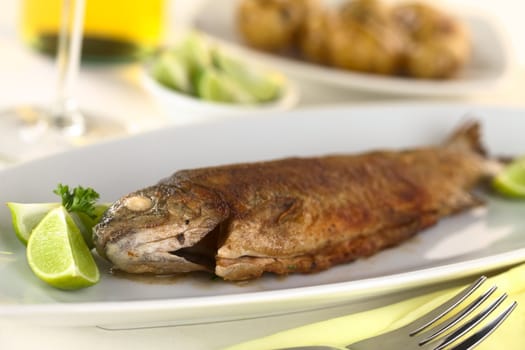 Fried trout with limes, white wine and potatoes in the back (Selective Focus, Focus on the lower part of the head)