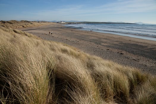 A view from the sand dunes to the sandy beach at Rhosneigr, Wales coast path, Anglesey, Wales, UK.