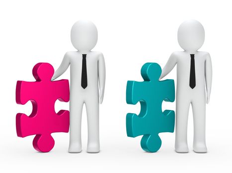 Businessmen with black tie hold a puzzle
