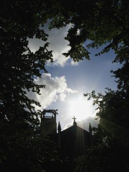 A church seen through the foliage of London Plane trees, lit from behind by the late afternoon sun
