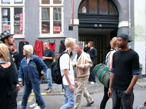 People walking across the street market during the weekend in Copenhagen, September 2008.