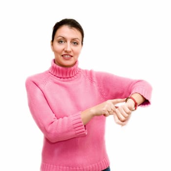 Shake a leg! Time's wasting. The young woman on a white background.