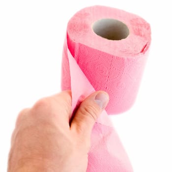 Hand with pink tissue on a white background