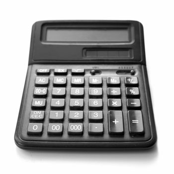 Big black calculator on a white background.