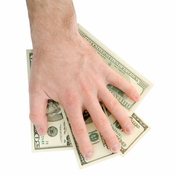 hand takes dollars on a white background