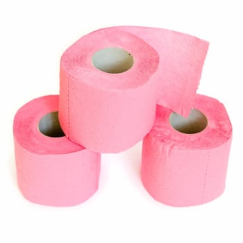 Pink toilet paper on a white background