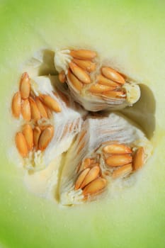 Close up of a honeydew melon on a plate.
