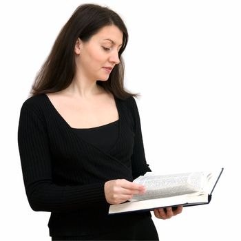 beautiful woman with big book on a white background