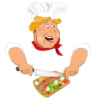 Funny Chef and fresh vegetable ingredient for vegetarian salad