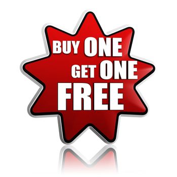 buy one get one free button - 3d red star banner with white text, business concept