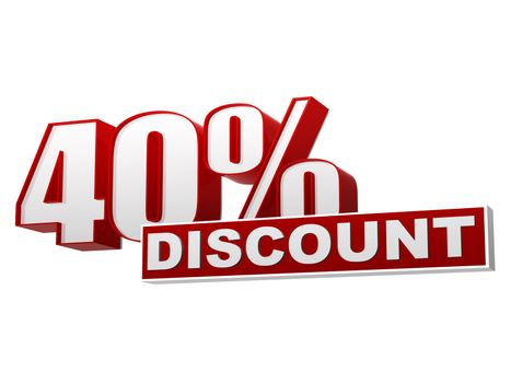 text 40 percentages discount 3d red white banner, letters and block, business concept
