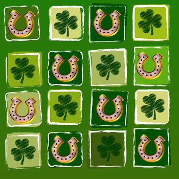 striped horseshoes and shamrocks in squares over green background, St. Patrick's Day concept