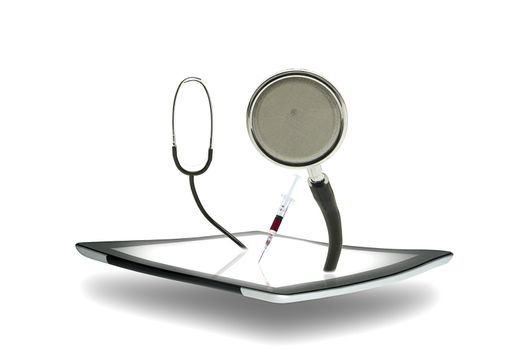 Modern portable tablet computer with a stethoscope and medical syringe projecting from the surface of the screen conceptual of online healthcare and medical research