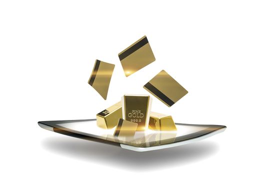 Conceptual image of a modern portable computer tablet with gold bullion bars emitting from the surface of the screen representing online global commodity trade and investment using the gold standard