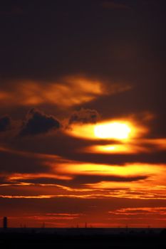 nuclear power plant, sunset, technology, energy, nature, tower silhouette landscape, sun, colors, orange, red,