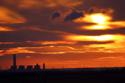 nuclear power plant, sunset, technology, energy, nature, tower silhouette landscape, sun, colors, orange, red,