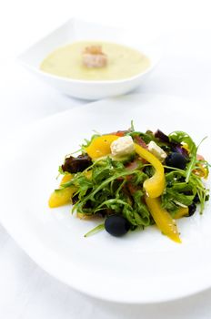 Greek salad with Broccoli cream soup