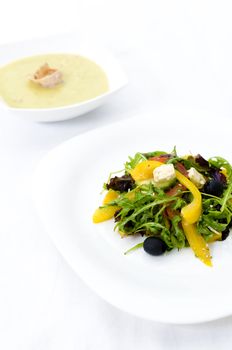 Greek salad with Broccoli cream soup