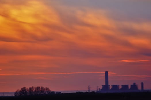 nuclear power plant, sunset, technology, energy, nature, tower silhouette landscape, sun, colors, orange, red,