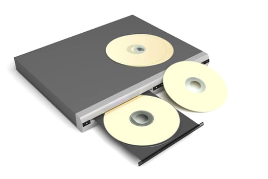 Disc player with golden discs on white background