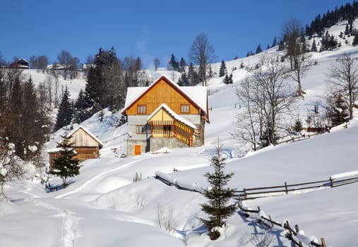 Wooden chalet in winter Carpathian mountains