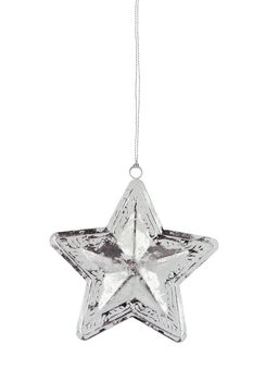 Silver Christmas star ornament isolated on a white background with clipping path included. 