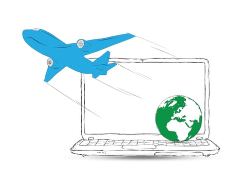 drawing The plane takes off from the laptop monitor