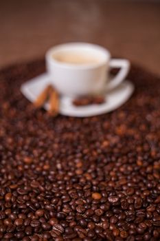 Coffee cup with cinnamon and anise, focus on coffee beans  