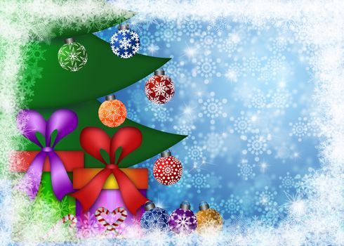 Christmas Presents Under the Trees on Snowflakes Border and Blurred Background Illustration