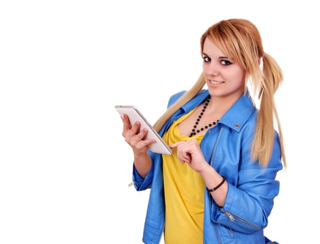 happy girl with tablet pc posing