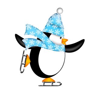 Cute Penguin with Christmas Snowflakes Scarf Ice Skating Illustration Isolated on White Background